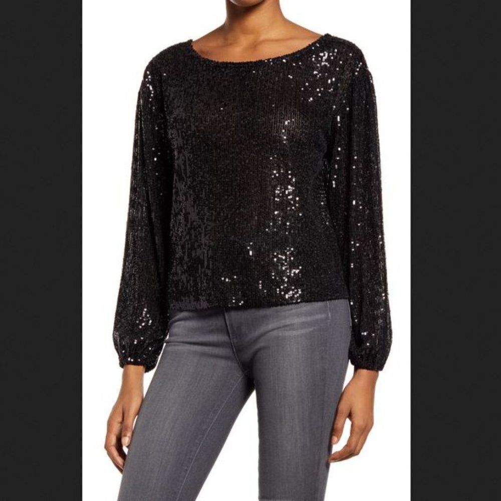 Chelsea 28 Black Sequin Long Sleeve Blouse Size Large